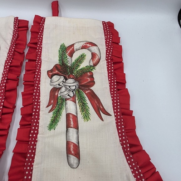 VTG 80's 2~ Handmade Christmas Stockings Bells Candy Canes Wreaths Ruffles Red - Picture 4 of 12